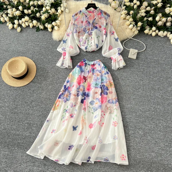 LW0577 2025 New Advanced Sense Lace up Lantern Sleeve Printed Chiffon Top Women'S High Waist Pendant Skirt Ladies Two Sets
