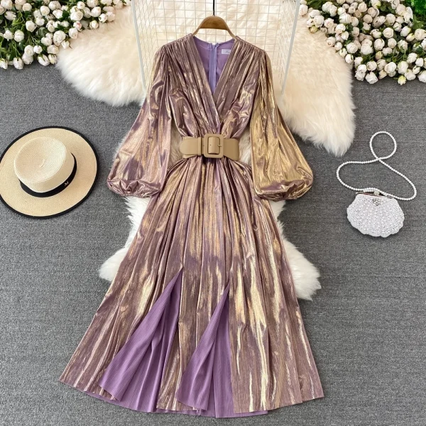 ZT1560  Sexy Long Sleeve High Waist Binding Metal Color Pleated Dress V-neck Elegant Temperament MIDI Dress Woman