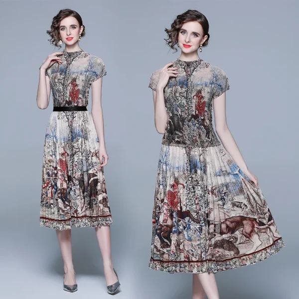 High Quality Boutique Women'S Suit Loose Large-Size Printed Casual Miyake Pleated Top Women 2 Pieces Sets