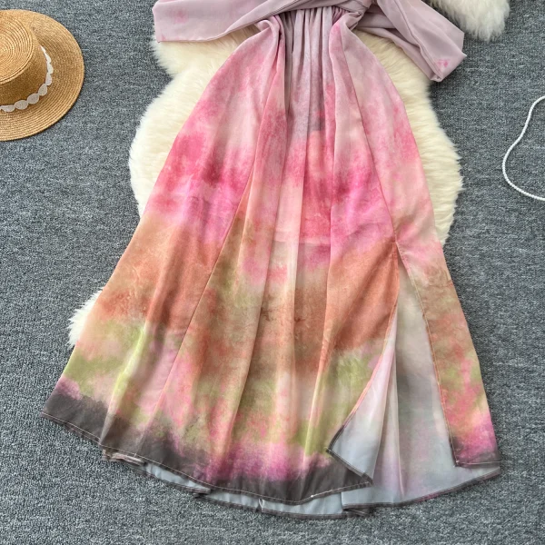 ZT1543 Holiday Style Feminine Sweet Elegant Niche Streamers High Waist Slimming Floral Print Split Halter fairy Dress Maxi Dress - Image 3