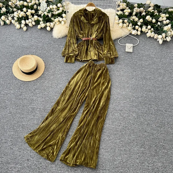 LW0136 Soft Velvet Long-Sleeved Shirt Two-Piece Set of Women'S Autumn High-Waisted Wide-Leg Pants 2 Piece Pant Sets for Ladies - Image 3