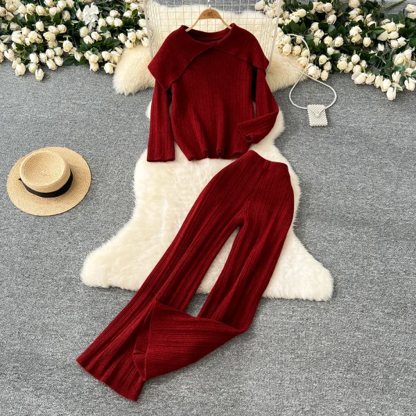 LW0107 Big Lapel Two-Piece Suit Women'S Sweater Slimming Base Top High Waist Vertical Pattern Sweater Pants Set