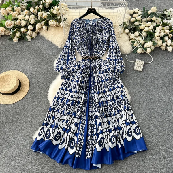 ZT1528 Style 2025 New Women's Dress Oversized Elegant Dress Printed Pleated Waist Lace-up Holiday Midi Dress - Image 2
