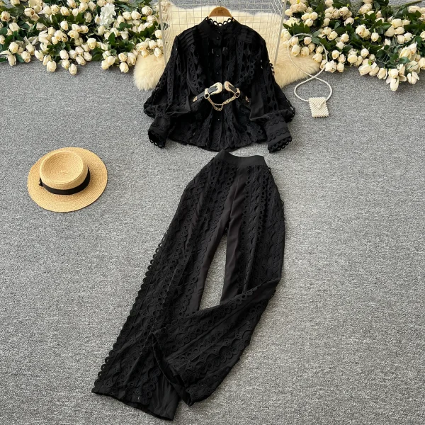 LE4758 Fashion Three-Piece Set 2025 Autumn Cutout Hook Lace Waist Long Sleeve Shirt High Waist Straight Pants - Image 2