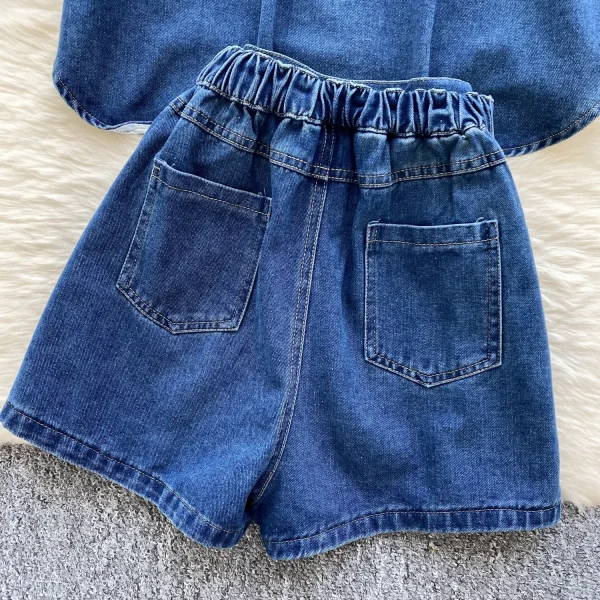 LW0111 Retro Pure Sexy Spice Suit Women'S Fall Lantern Sleeve Denim Shirt High-Waisted Wide-Leg Shorts 2pcs Ladies Dress - Image 6