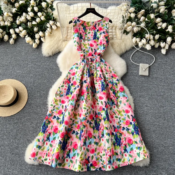 ZT1502 High-end Elegant Sleeveless  Women Retro Elegant Waist Fold Big Swing Floral Printed Dress Midi Dresses