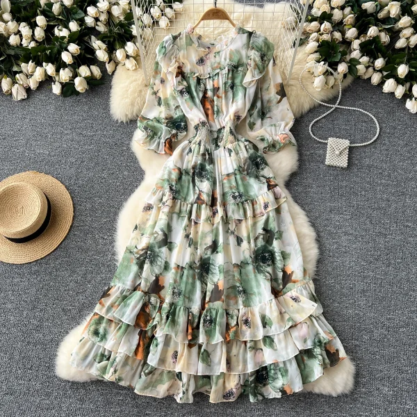 ZT1482 French Waist Slimming High Quality Ruffled  Woman Clothes High-end  Printed Dress Sweet Elegant Dress - Image 6