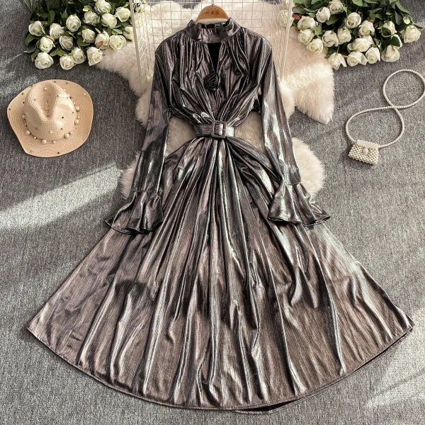 ZT1559 High-End Sense Femininity Flared Long Sleeve Stand Collar Slimming Mermaid Bright Elegant Maxi Dress Woman Evening Gown - Image 4