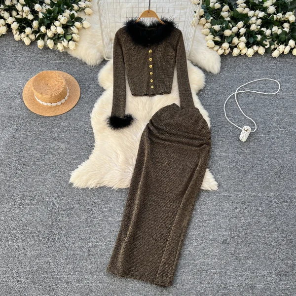 LW0119 Sexy Metal Buckle Long Sleeve Top Women'S High Waist Slim Skirt Advanced Sense of Bright Silk Women Two-Piece Set - Image 2
