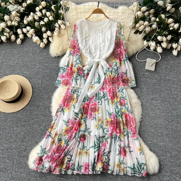ZT1488 European Women's Dress Senior Sense Round Neck Flared Long Sleeve Waist Print Pleated Chiffon Elegant Midi Dress - Image 3