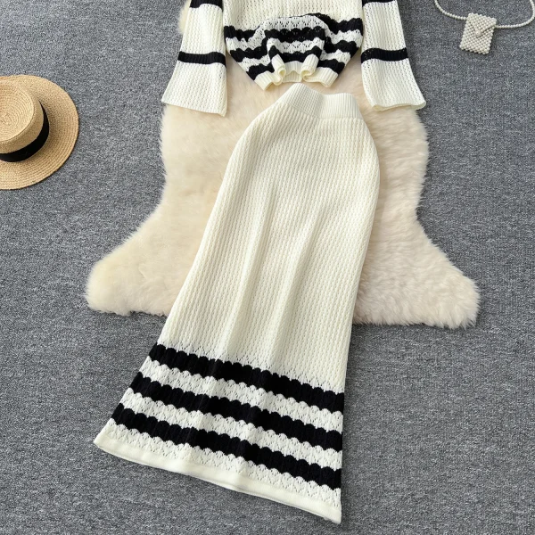 LW0101 Korean Two-Piece Hollow-Out Grid Color Contrast Striped Sweater Women'S Long Sleeve Sweater High Waist Skirt Two Sets - Image 4