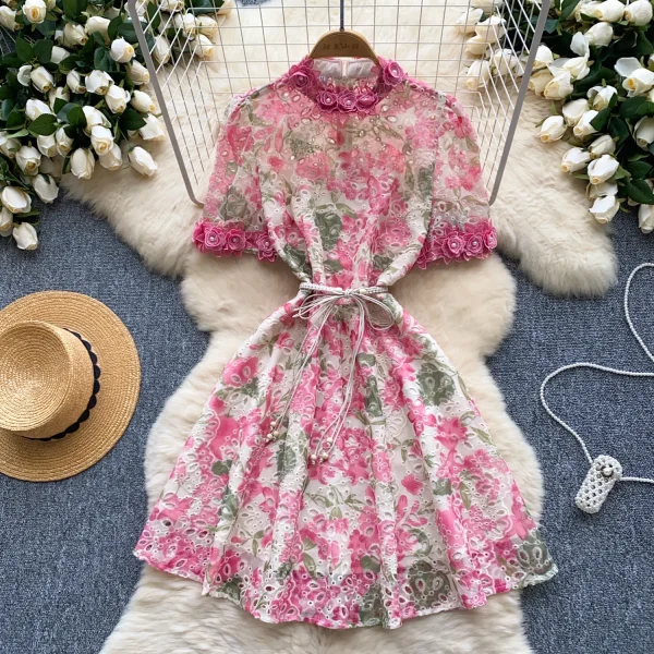 ZT1471 French Vintage Beaded Three-dimensional Flower Round Neck Short Sleeve Waist Slimming Hollow Embroidery  Elegant Dresses