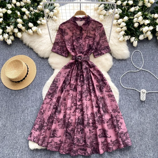 ZT1486 European Vintage  Printed Dress Female Summer Polo Collar Waist Slimming Romantic Elegant Design Maxi Dress