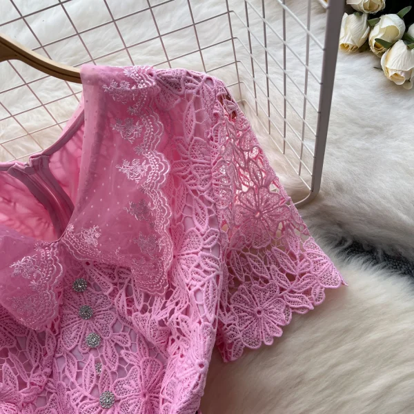 ZT1555 Vintage Court Style Doll Collar Dress Female Summer Hollow Hook Flower Design Elegant Sweet Luxury Temperament Midi Dress - Image 6
