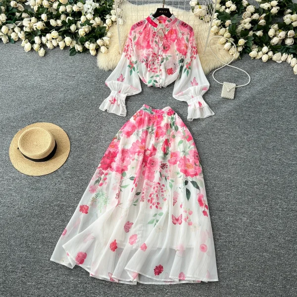LW0577 2025 New Advanced Sense Lace up Lantern Sleeve Printed Chiffon Top Women'S High Waist Pendant Skirt Ladies Two Sets - Image 2