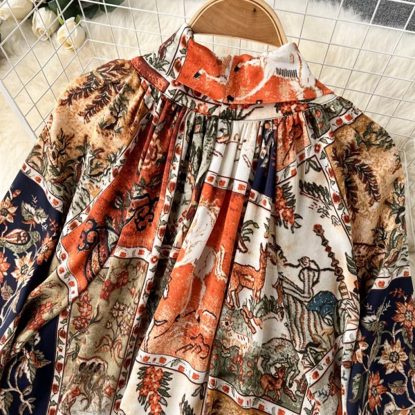 ZT1460 Design Sense Niche Lantern Sleeve High Collar Printed Dress  Woman Clothes Elegant Dresses  Loose Midi Dress - Image 6