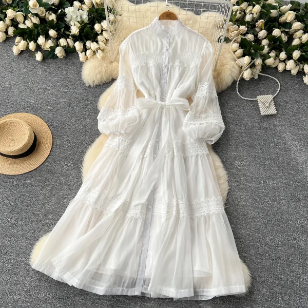 ZT1469 Court Style Women'S Embroidered Long Dresses 2025 Elegant Lace Splicing Stand Collar Single Breasted Waist Evening Gown - Image 5