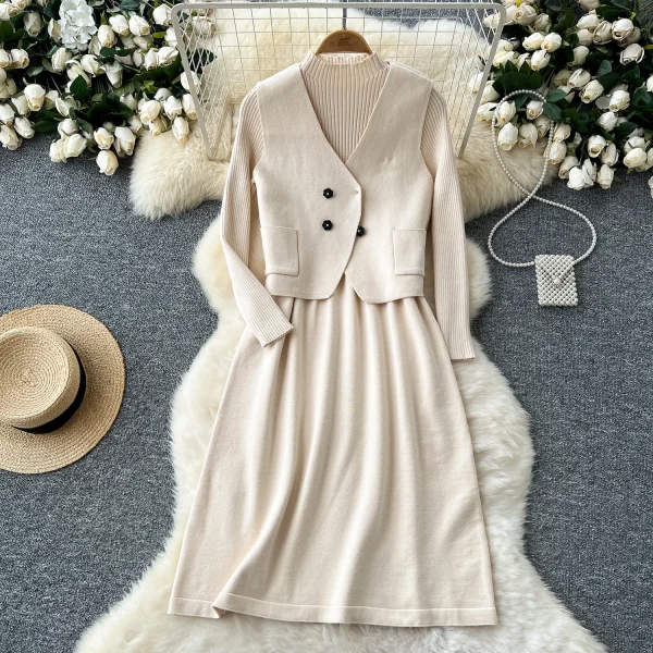LW0133 Gentle Wind Two Sets of Women'S Advanced Sense Sweater Vest Waist Slimming Long Sleeve Sweater Dress - Image 5