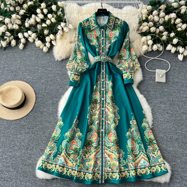 ZT1516 High-end Dress Female Court Style Retro Elegant Fashion Print Closed Single Breasted French Maxi Dress - Image 2