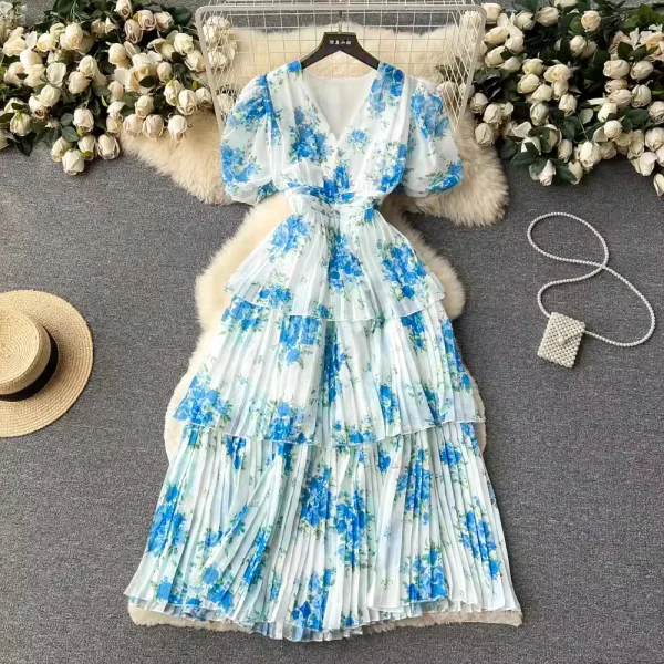 ZT1481 French Temperament V-neck Bubble Sleeve2025 Summer New Pleated Cake Elegant Dress Woman Clothes Sweet Printed Dress - Image 4