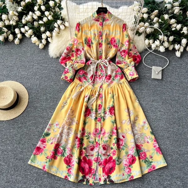 ZT1504 Vintage Stand Collar Lantern Long-sleeved Big Swing Dress Women Floral Printed Dress Elegant Midi Dresses