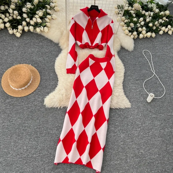 LW0152 Stylish Diamond Check Print Waist Waist Short Lapel Sweater Women'S Sweater Wrap Hip Skirt Two-Piece Set - Image 2