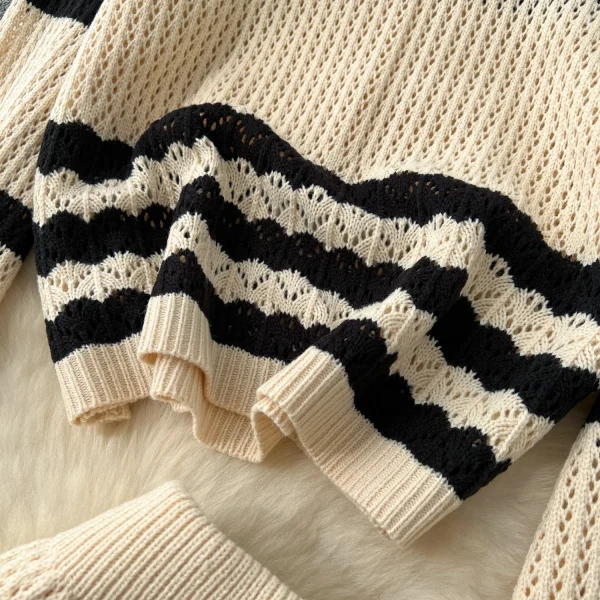 LW0101 Korean Two-Piece Hollow-Out Grid Color Contrast Striped Sweater Women'S Long Sleeve Sweater High Waist Skirt Two Sets - Image 6
