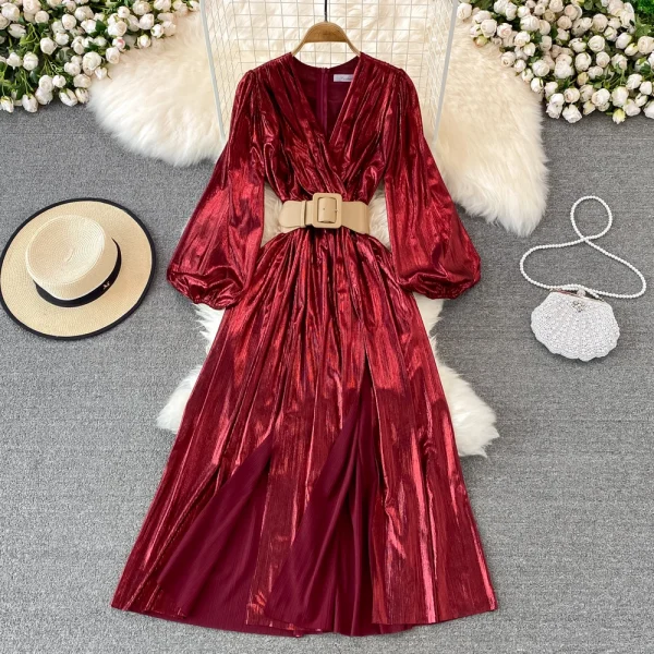 ZT1560  Sexy Long Sleeve High Waist Binding Metal Color Pleated Dress V-neck Elegant Temperament MIDI Dress Woman - Image 2