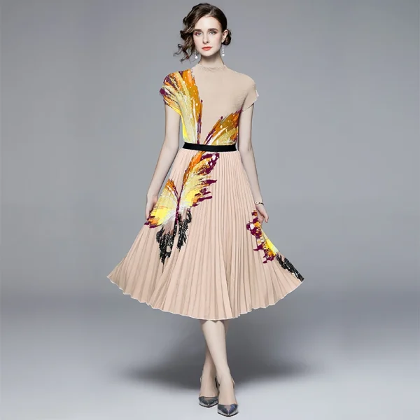 LE1291 Fast Delivery Outlet High Quality Sets Pleat Short Sleeve Top and Printed Long Pleated Skirt Two Piece Sets - Image 3