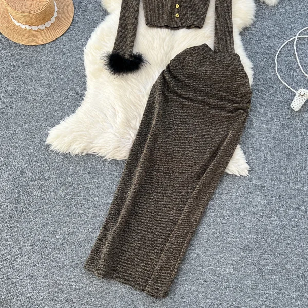 LW0119 Sexy Metal Buckle Long Sleeve Top Women'S High Waist Slim Skirt Advanced Sense of Bright Silk Women Two-Piece Set - Image 6