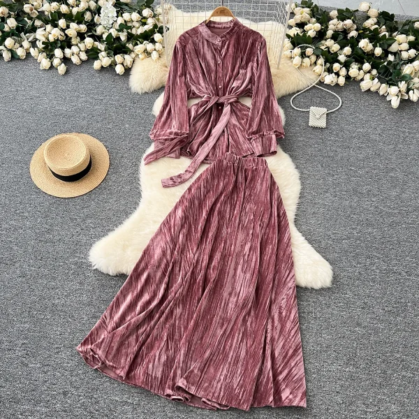 LW0137 High-Grade Velvet Two-Piece Set Women'S New Long Sleeve Shirt With Waist and Waist High Waist Slimming Dress - Image 2