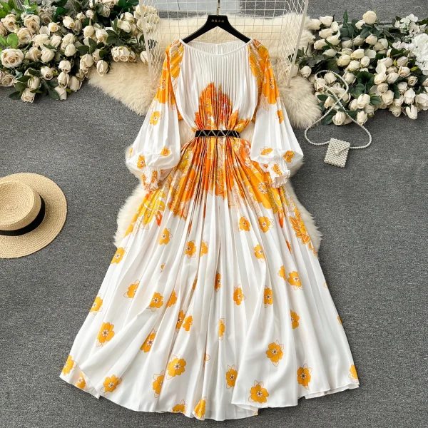 ZT1528 Style 2025 New Women's Dress Oversized Elegant Dress Printed Pleated Waist Lace-up Holiday Midi Dress