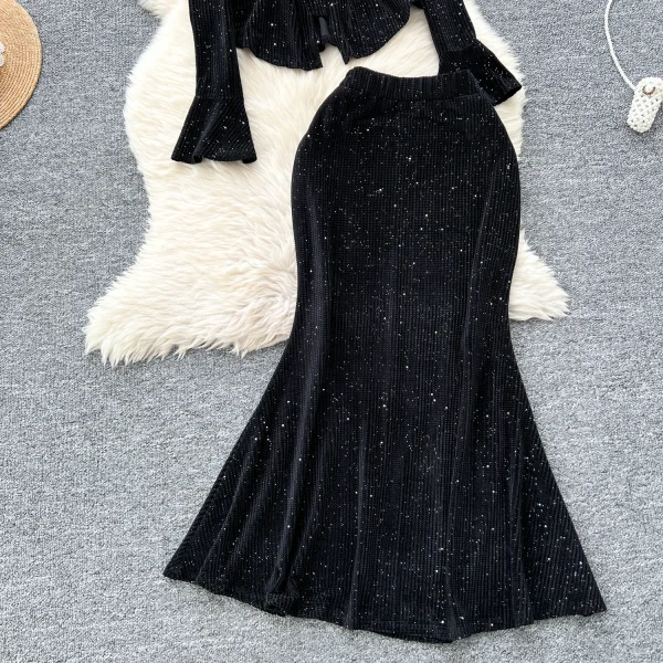 LW0108 High-Grade V-Neck Metal Buckle Flared Sleeve Top High Fanny Pack Bottom Fishtail Skirt Ladies Cheap 2 Pcs Set - Image 4