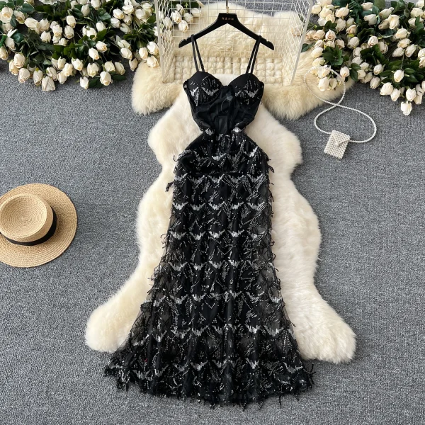ZT1539 High-end Elegant Banquet Party Evening Gown Women Sexy See-through Mesh Fringe Sequin Slim Fishtail Halter Maxi Dress - Image 2