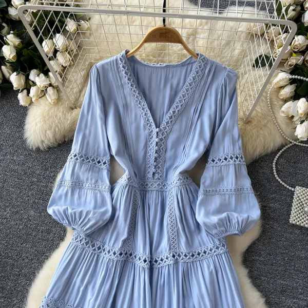 ZT1466 Gentle  Dress 2025 Summer New Hollow Lace Splicing V-neck Fringe Waist Women's Dress Elegant Party Dresses - Image 4