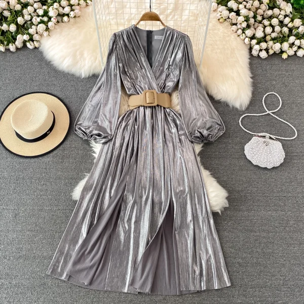 ZT1560  Sexy Long Sleeve High Waist Binding Metal Color Pleated Dress V-neck Elegant Temperament MIDI Dress Woman - Image 5