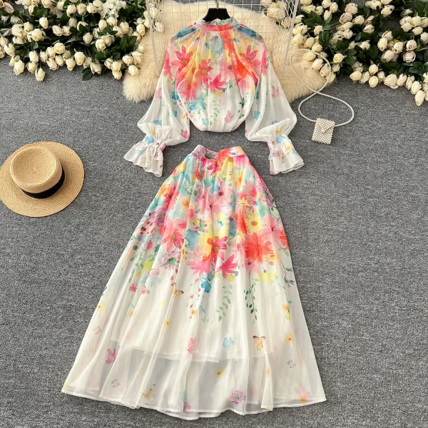 LW0577 2025 New Advanced Sense Lace up Lantern Sleeve Printed Chiffon Top Women'S High Waist Pendant Skirt Ladies Two Sets - Image 4