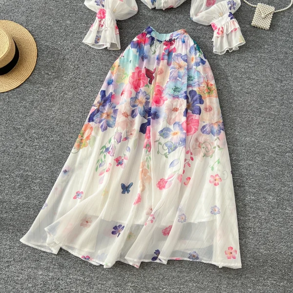 LW0577 2025 New Advanced Sense Lace up Lantern Sleeve Printed Chiffon Top Women'S High Waist Pendant Skirt Ladies Two Sets - Image 5