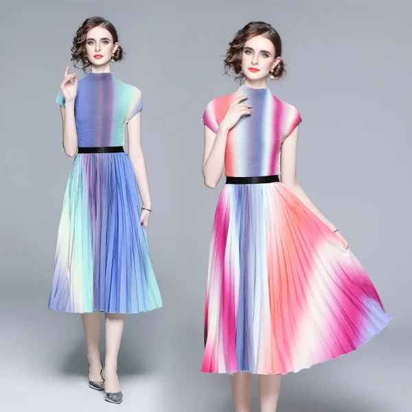 LE1301 in Stock Miyake Pleated Suit Printing Short Sleeve Stretch Shirt and Print Pleated Skirt Boutique Fashion Two Piece Sets - Image 5