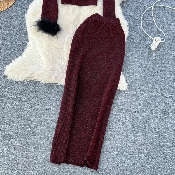 LW0119 Sexy Metal Buckle Long Sleeve Top Women'S High Waist Slim Skirt Advanced Sense of Bright Silk Women Two-Piece Set - Image 5