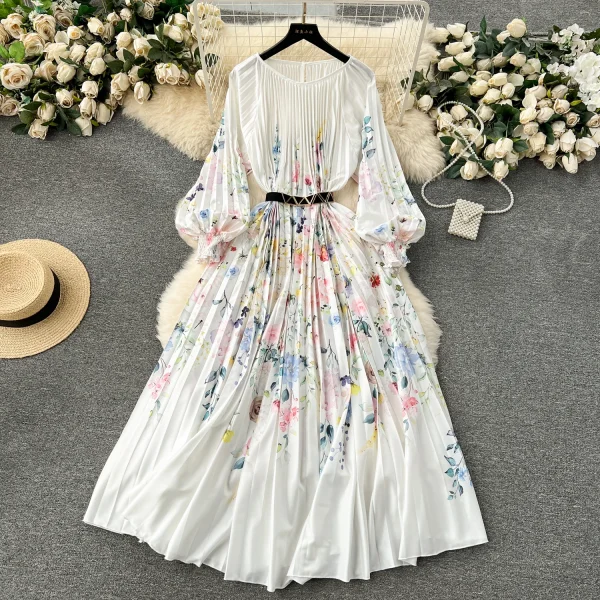 ZT1528 Style 2025 New Women's Dress Oversized Elegant Dress Printed Pleated Waist Lace-up Holiday Midi Dress - Image 6