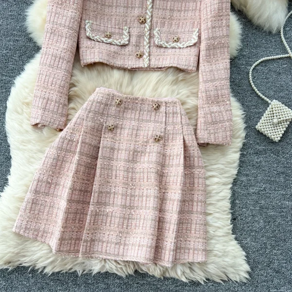 LW0144 Vintage Small Fragrance Metal Buckle Short Long Sleeve Coat Women'S High Waist Skirt Tweed Two-Piece Set - Image 3
