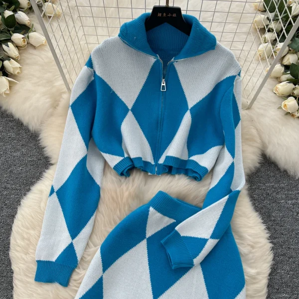 LW0152 Stylish Diamond Check Print Waist Waist Short Lapel Sweater Women'S Sweater Wrap Hip Skirt Two-Piece Set - Image 6