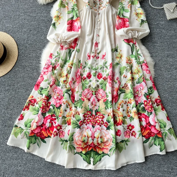 ZT1489 European High-grade Printed Dress Female Summer Lantern Sleeve Slimming Design Luxury Temperament Long Dress - Image 3