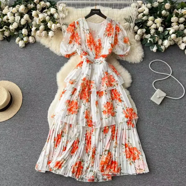 ZT1481 French Temperament V-neck Bubble Sleeve2025 Summer New Pleated Cake Elegant Dress Woman Clothes Sweet Printed Dress - Image 2