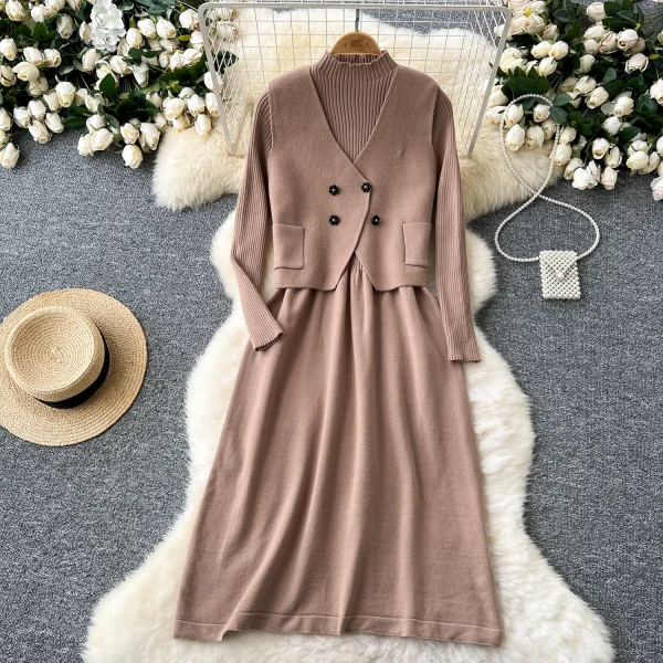 LW0133 Gentle Wind Two Sets of Women'S Advanced Sense Sweater Vest Waist Slimming Long Sleeve Sweater Dress - Image 3