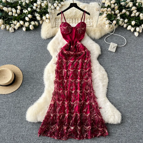 ZT1539 High-end Elegant Banquet Party Evening Gown Women Sexy See-through Mesh Fringe Sequin Slim Fishtail Halter Maxi Dress