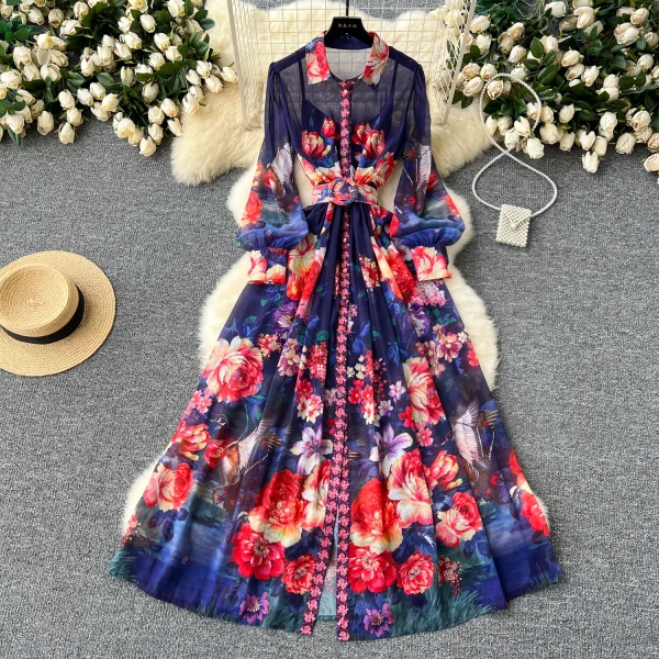 ZT1512 European Style Luxury Retro Long-sleeved Female Two-piece Set Lapel Breasted Waist Printed Chiffon Maxi Dress