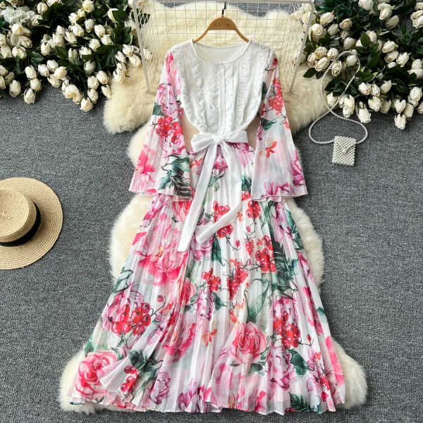 ZT1488 European Women's Dress Senior Sense Round Neck Flared Long Sleeve Waist Print Pleated Chiffon Elegant Midi Dress