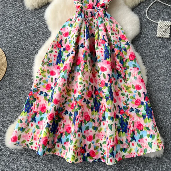 ZT1502 High-end Elegant Sleeveless  Women Retro Elegant Waist Fold Big Swing Floral Printed Dress Midi Dresses - Image 3